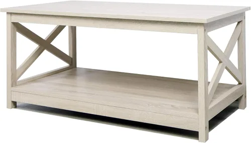 Vista 7 de Mesa de centro Rainbow Sophia, mesa de centro moderna de estilo granja en madera con almacenamiento de 2 niveles, 40 pulgadas, roble blanco