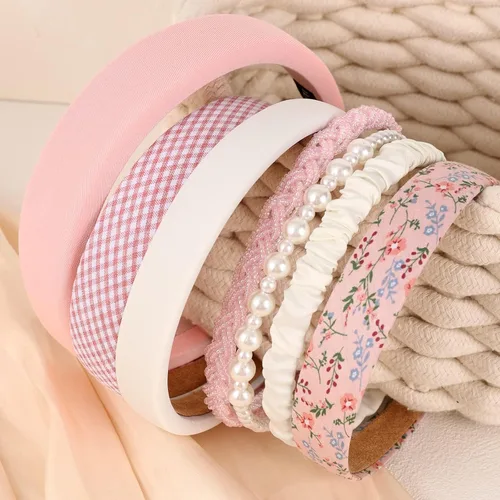 Vista 3 de Diadema ancha acolchada floral de perlas para mujer, accesorios para el cabello vintage, rosa