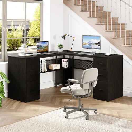 Vista 4 de HSH Escritorio negro en forma de L con cajones, escritorio de esquina con Roble negro
