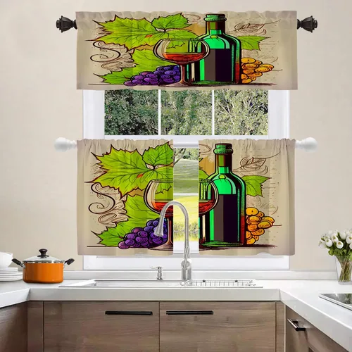 Vista 8 de Shrahala Cortinas opacas con diseño de uvas maduras de dibujos animados, copa de vino y botella, cenefa de cocina, cortinas de bloqueo de luz