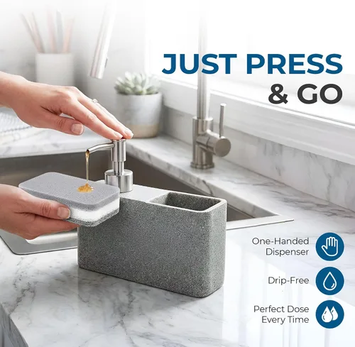 Vista 3 de Havara - Dispensador de jabón para platos de resina de granito con soporte para esponja, gris piedra Kitchen Soap Dispenser & Sink Organizer for