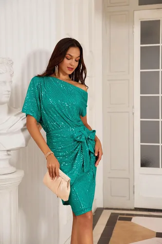 Vista 3 de GRACE KARIN Vestido de fiesta con lentejuelas brillantes y purpurina para mujer, vestido de cóctel fruncido con un hombro descubierto