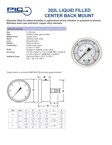 Vista 5 de PIC Gauges 202L-204M Medidor de presión relleno de glicerina con carcasa SS/bisel, internos de latón, lente de PC, dial de 2 pulgadas, rango
