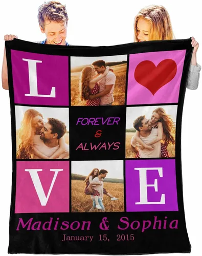 Vista 14 de D-Story Mantas personalizadas con fotos, regalos personalizados para parejas, regalos de aniversario y cumpleaños para esposa, marido, novia, novio