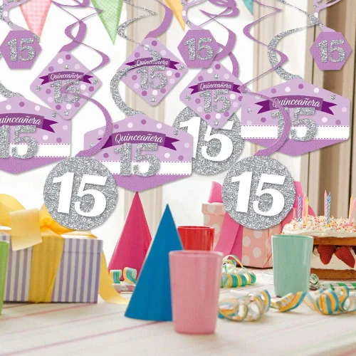 Vista 2 de Big Dot of Happiness Quinceanera Purple - Sweet 15 - Decoración colgante para fiesta de cumpleaños - Remolinos de decoración de fiesta - Juego de 40