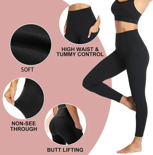 Vista 3 de NexiEpoch Paquete de 4 leggings para mujer con bolsillos, cintura alta, control de abdomen para entrenamiento, correr, pantalones capri de yoga