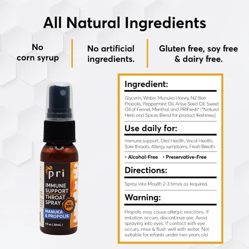 Vista 5 de P.R.I. Espray para la garganta de apoyo inmunológico con miel de manuka y propóleos, apoyo natural para el bienestar vocal y de garganta, sabor a