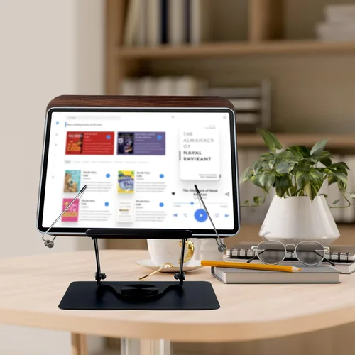 Vista 6 de comfoyar Soporte de libro para lectura, soporte plegable de lectura para libros de texto con base giratoria de 360° y clips elásticos para página