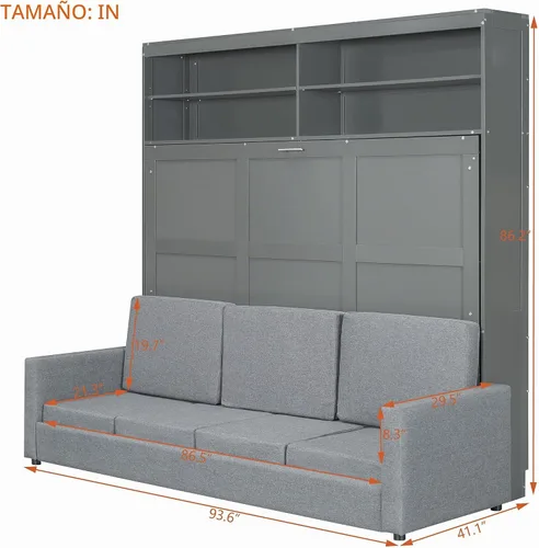 Vista 2 de Cama Murphy tamaño Queen, cama de madera Queen Murphy con sofá, cojín y estantes, gris