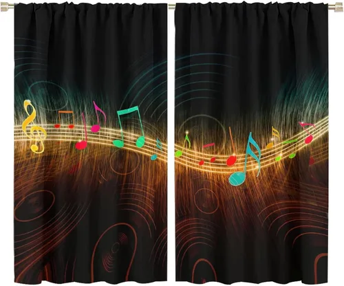 Vista 32 de Cortinas de notas musicales, blanco y negro, instrumento musical, canción, arte de canción, opacas, para ventana, dormitorio, sala de estar