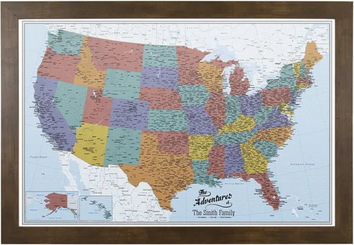 Vista 55 de Push Pin Travel Maps Lienzo personalizado Blue Oceans USA con marco gris de madera de granero