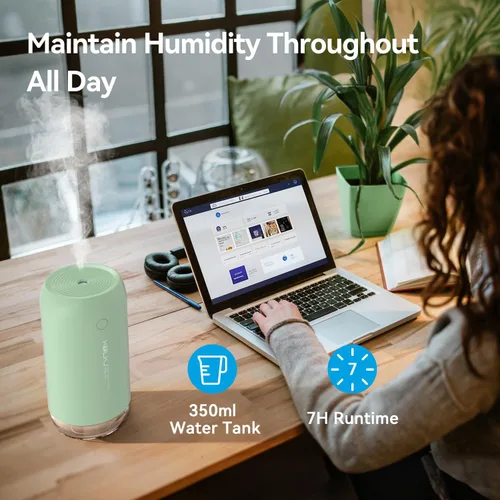 Vista 3 de Mini humidificador portátil, humidificador pequeño de niebla fría de 11.8 fl oz para plantas, humidificador de escritorio personal USB para Verde