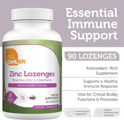 Vista 2 de Zahler Pastillas de zinc de saúco para adultos y niños, deliciosas pastillas masticables de zinc y sambucus de saúco para apoyo inmunológico