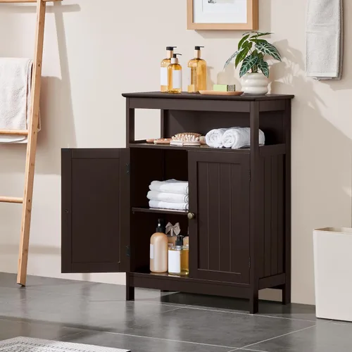 Vista 2 de Topeakmart Armario de madera con puertas duraderas y estantes ajustables, armario interior de madera independiente para baño/sala de estar/pasillo