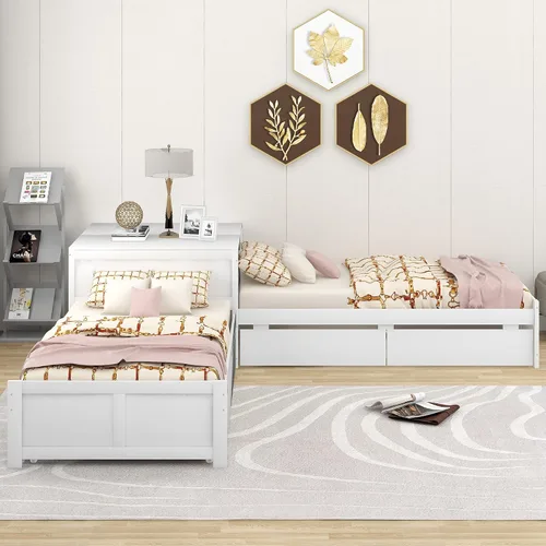 Vista 3 de Moderna cama de plataforma en forma de L con nido y cajones, cama de plataforma de madera de tamaño individual con mesa cuadrada abatible White#w