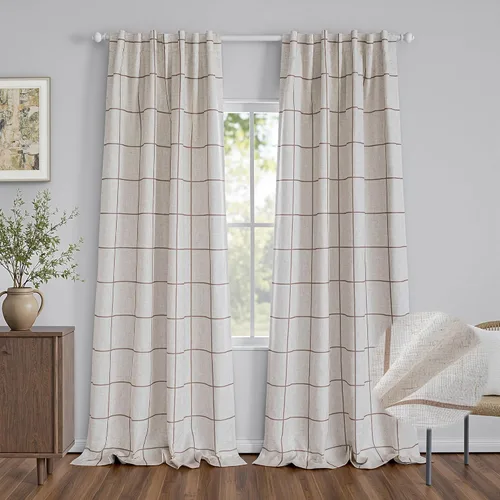 Vista 10 de MYSKY HOME Cortinas de Lino a Cuadros 100% Opacas de 45 Pulgadas de Largo de Doble Capa Estilo Granja con Aislamiento Térmico Estampado a Cuadros