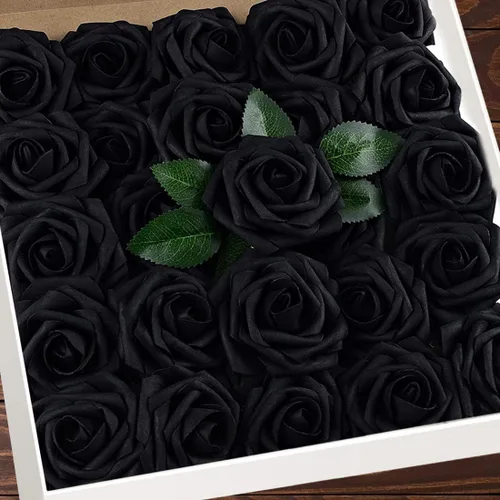 Vista 23 de Higfra Flores artificiales, 25 unidades, rosas falsas de espuma negra de aspecto real con tallos para ramos de boda, centros de mesa de despedida