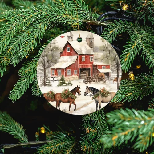 Vista 5 de Adorno navideño de caballos de granja, regalo para amantes de los caballos, de porcelana de doble cara, adorno de 3 pulgadas para árbol de Navidad