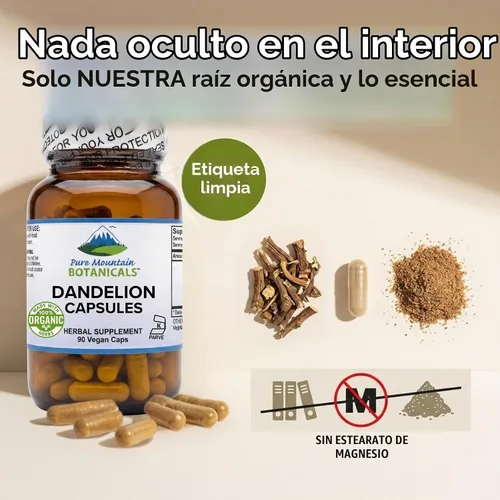 Vista 5 de Pure Mountain Botanicals Cápsulas de raíz de diente de león, suplemento orgánico de 450 mg, 90 pastillas de diente de león veganas kosher sin OMG