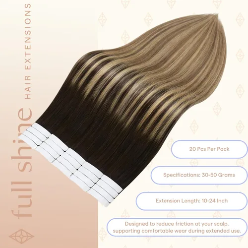 Vista 90 de Full Shine - Extensiones de cabello humano con cinta, mezcla de rubio hongo # 8 castaño ceniza resaltado 60 rubio ceniza