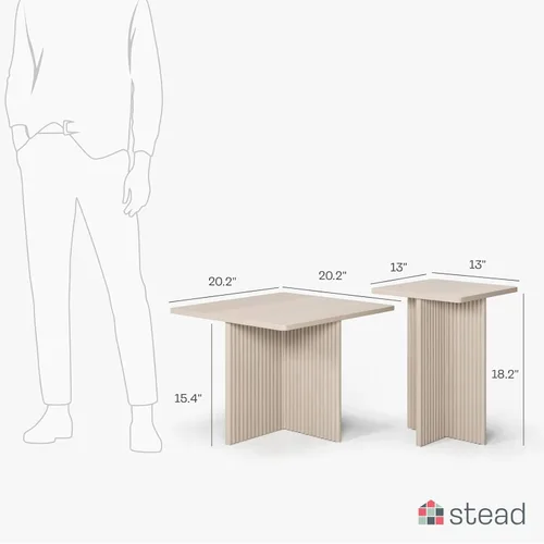 Vista 2 de Stead Juego de mesa auxiliar cuadrada anidable, mesa central con base de roble acanalado para sala de estar, juego de conjunto de chapa de grano