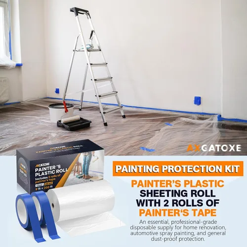 Vista 5 de Paños de plástico, película de plástico de pintor de 200 pies de largo x 9 pies de ancho con 2 rollos de cinta de pintor, láminas de pintor