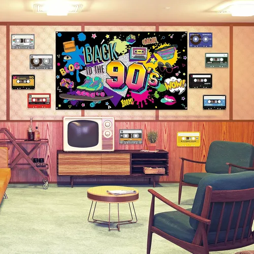 Vista 7 de Irenare Telón de fondo de los años 90 para decoraciones de fiesta, sesión de fotos, cartel colgante retro de regreso a los años 90 para fotografía