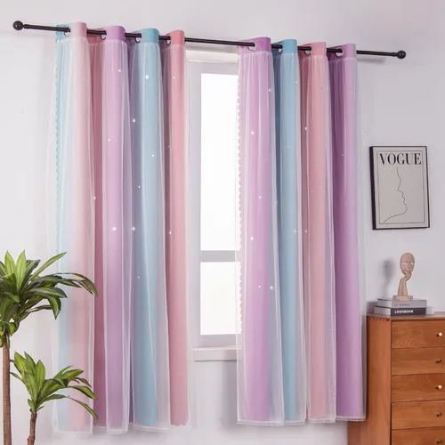 Vista 9 de Cortinas Opacas de Arcoíris Ombré para Dormitorio de Niñas, Sala de Estar, Rayas Oscurecedoras de Doble Capa con Cortes de Estrellas, Decoración