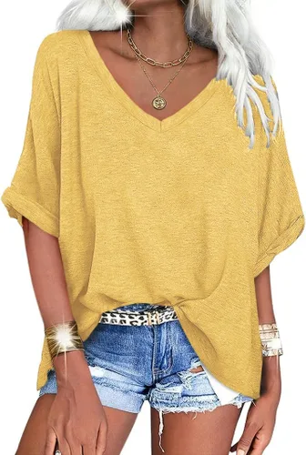Vista 15 de UNCLECAT Camisetas de gran tamaño con cuello en V para mujer, camisas de manga corta de verano, holgadas, casuales
