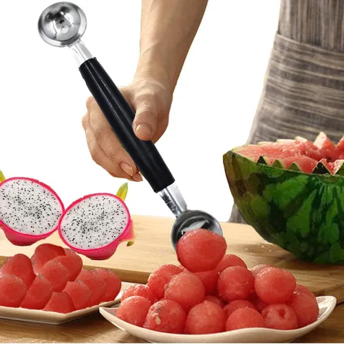 Vista 3 de Paquete de 2 cucharas de bola de helado de frutas de doble extremo, bola de melón de acero inoxidable, bolas de melón redondas lisas para sandía