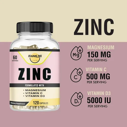Vista 5 de Zinc, Zinc 100 mg, Glicinato de Magnesio 150 mg, Vitamina D3 5000 UI, Vitamina C 500 mg por porción, Apoyo inmunológico, refuerzo inmunológico