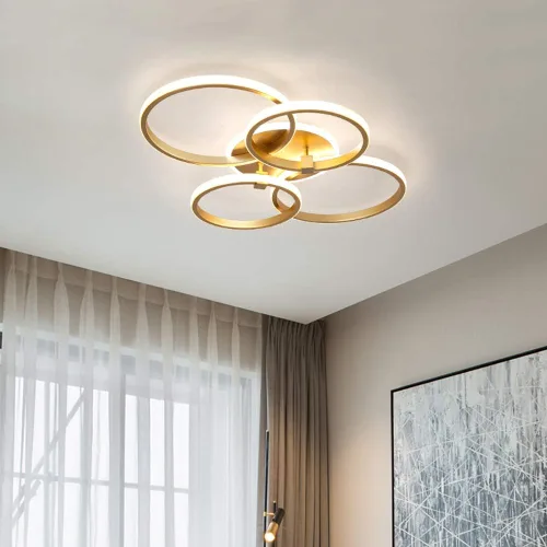 Vista 10 de Lámpara de techo LED moderna, lámpara de techo de montaje empotrado de 40 W con círculo de dos anillos, lámparas acrílicas doradas para sala