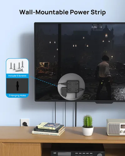 Vista 7 de TROND Regleta protectora de sobretensiones, cable de extensión de enchufe plano de 5 pies con 8 tomas de corriente y 4 puertos USB (3 USB C), 1625