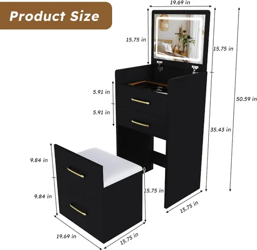 Vista 6 de Runboll 3 in 1 Small Vanity Desk with Open Top Mirror, Small Dressing Table with Visible Glass Desktop, Compact Makeup Vanity with 3 Drawers