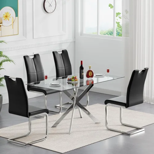 Vista 13 de SSLine Mesa de comedor moderna de cristal, rectangular de 51 pulgadas, color negro con patas de metal diseñadas en X para cocina y comedor
