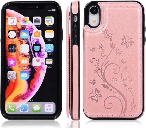 Vista 4 de Asuwish Funda para iPhone XR con protector de pantalla de vidrio templado, funda de cuero con soporte para tarjetas, doble cierre magnético y funda