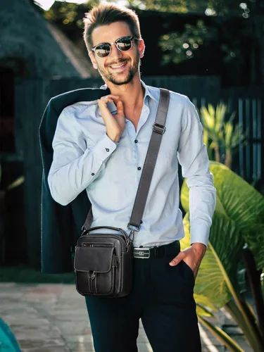 Vista 6 de Monederos y bolsos para hombre, pequeño, mini bolso de hombro de cuero genuino para hombres con muchos bolsillos con cremallera