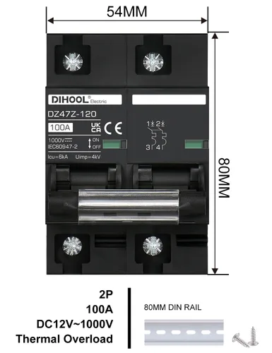Vista 4 de DIHOOL Disyuntor DC Interruptor de desconexión solar de 100 amperios 2p 1000V para PV, UPS, batería de RV, montaje en carril DIN..