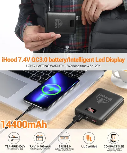 Vista 6 de iHood Chaleco térmico para mujer con paquete de batería, chaleco térmico para mujer con capucha retráctil térmica, lavable con calefacción