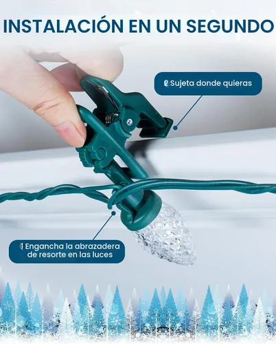 Vista 4 de Luces de Navidad C9 para exteriores con 100 clips de resorte de 65 pies, 100 LED, cadena de luces C9, impermeable, conectable, grado comercial
