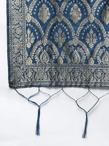 Vista 3 de Indian Hawker Dupatta Banarasi - Borlas y flecos de Dupatta tejidas de seda para mujer color azul índigo 74ft Azul