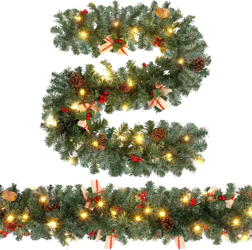 Vista 10 de Ceenna 2 guirnaldas de Navidad de 6 pies con luces, guirnalda artificial preiluminada de Navidad con bayas de pino, decoración de chimenea