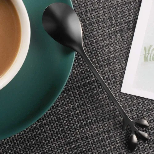 Vista 7 de AnSaw Elegantes Cucharas de Café de Hoja Negra - 10 Piezas, 4.7" Mini Cucharas de Acero Inoxidable para Espresso y Postre, Perfectas para Demitasse
