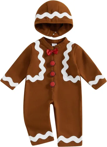 Vista 7 de Adobabirl Disfraz de pan de jengibre para bebé, traje de Navidad para niño y niña, mameluco de pan de jengibre, jumpsuit, pijama enterizo con gorro