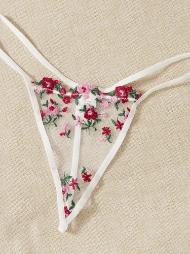 Vista 5 de OYOANGLE Conjuntos de lencería de 2 piezas con bordado floral de malla transparente de encaje para mujer brasier y bragas con aros