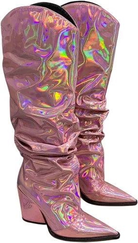 Vista 6 de Vertundy Botas altas hasta la rodilla metálicas con punta puntiaguda para mujer, botas altas de tacón alto de charol plisadas, botas largas plisadas