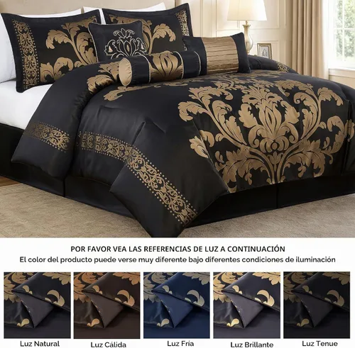 Vista 5 de Chezmoi Collection Juego de edredón floral de jacquard Royale de 7 piezas, matrimonial/doble, negro/dorado