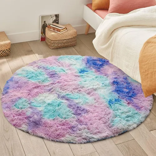 Vista 5 de A Nice Night Alfombra Redonda Azul Púrpura – Alfombra Circular Esponjosa Tie Dye de 5'X5' para Niños, Adolescentes y Habitación de Bebé, Alfombra