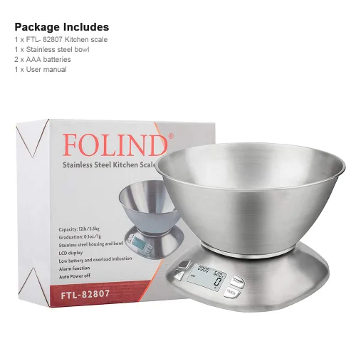 Vista 8 de Báscula digital de cocina con cuenco extraíble de 2.5 L, báscula electrónica de alimentos de acero inoxidable para cocinar hornear, temperatura