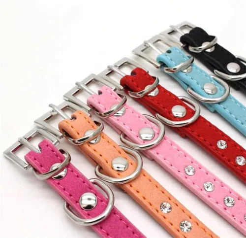 Vista 3 de Pimaodog - Collar de piel de ante elegante y deslumbrante con 1 fila de diamantes de imitación de cristal para mascotas, gatos, perros y cachorros